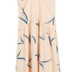 Apricot maxi dress on hanger with allover blue abstract print and V-neck short sleeves