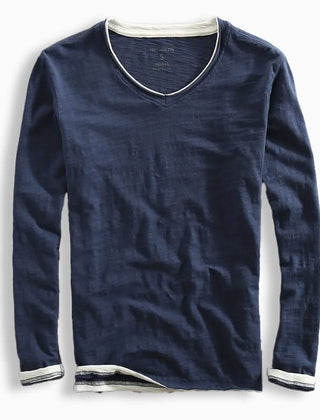 Navy cotton shirt with V-neck and long sleeves, ribbed cuffs