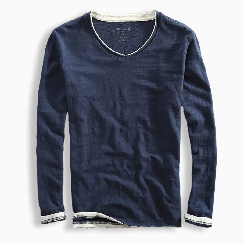 Navy cotton shirt with V-neck and long sleeves, ribbed cuffs
