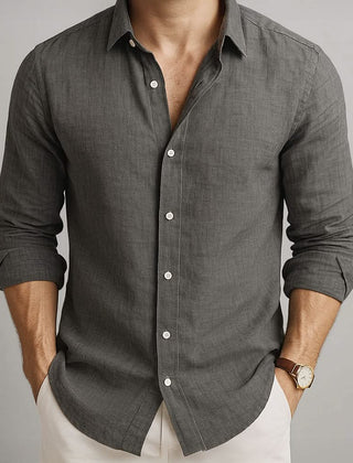Men's grey linen button-up shirt with long sleeves and collar