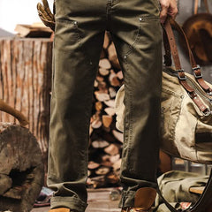 Army green straight-leg utility pants with side cargo pocket and cuffed hem