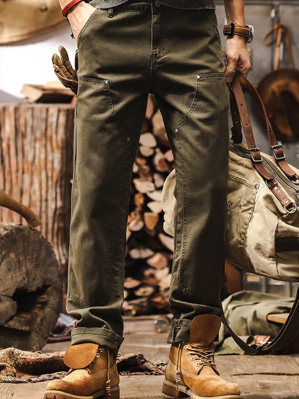 Army green straight-leg utility pants with side cargo pocket and cuffed hem