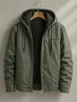 Green hooded lined jacket with zip front, side pockets, and drawstring hood