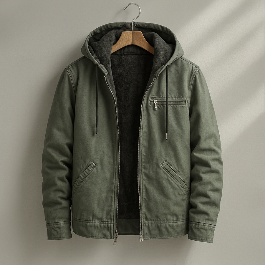 Green hooded lined jacket with zip front, side pockets, and drawstring hood
