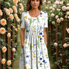 GEORGINA elegant dress with tummy coverage, white with blue and yellow floral print, short sleeves