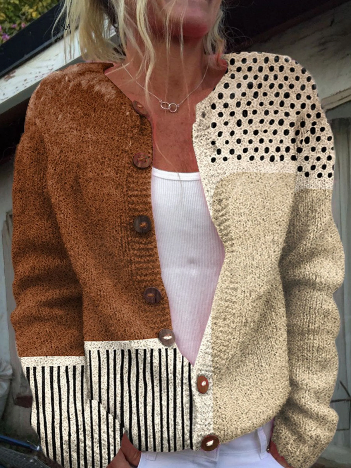 Women’s vintage knit cardigan sweater, two-tone brown and cream with button-front closure