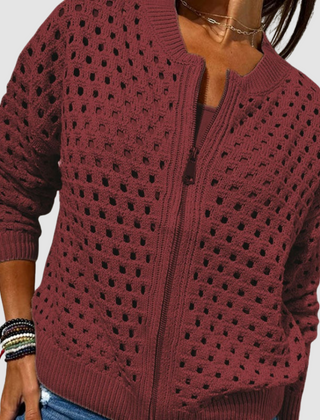 Burgundy openwork knitted cardigan with full front zipper and ribbed cuffs and hem