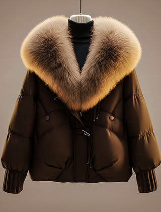 Brown puffer coat with tan faux-fur collar trim and zip front