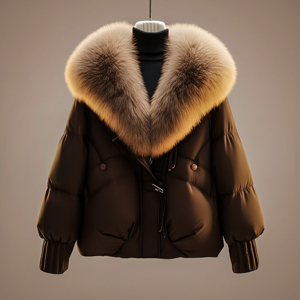 Brown puffer coat with tan faux-fur collar trim and zip front