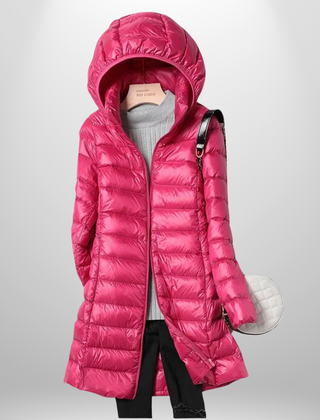 Hot pink hooded ultralight puffer down jacket with full-length zip and long coat length.