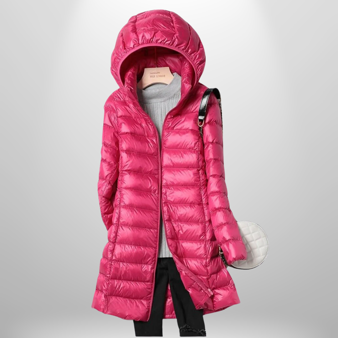 Hot pink hooded ultralight puffer down jacket with full-length zip and long coat length.