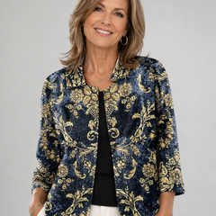 Nolwen baroque scroll blouse, dark blue and gold floral scroll print with black tie front
