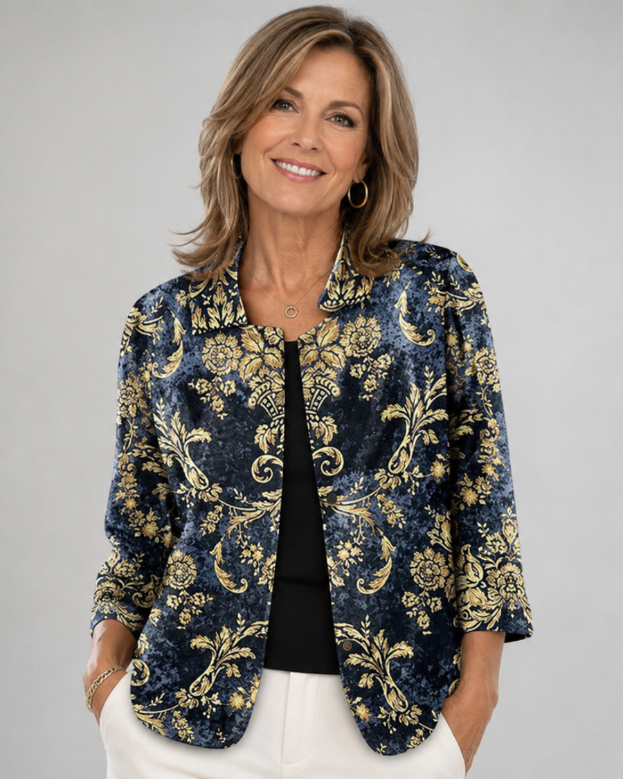 Nolwen baroque scroll blouse, dark blue and gold floral scroll print with black tie front
