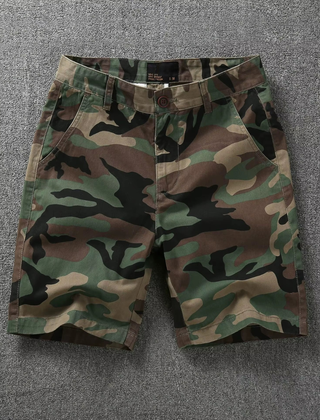 Camouflage tactical flex shorts with belt loops, button fly, and side pockets