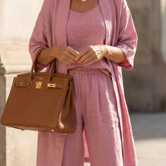 Women's mauve 3-piece set with tank top, wide-leg pants, and open kimono