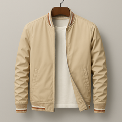Men's beige bomber jacket with zip front, ribbed collar, striped trim at cuffs