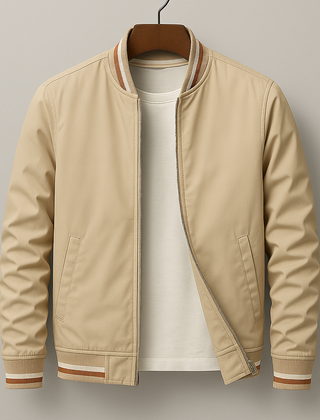 Men's beige bomber jacket with zip front, ribbed collar, striped trim at cuffs