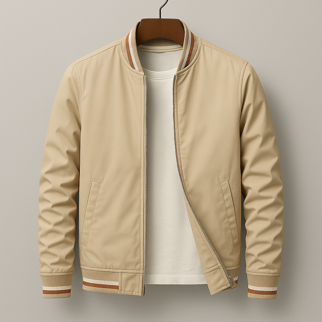 Men's beige bomber jacket with zip front, ribbed collar, striped trim at cuffs