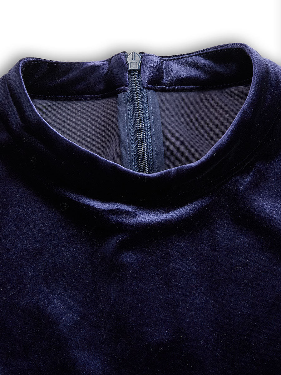 Navy long-sleeve midi dress neckline with center-back zipper