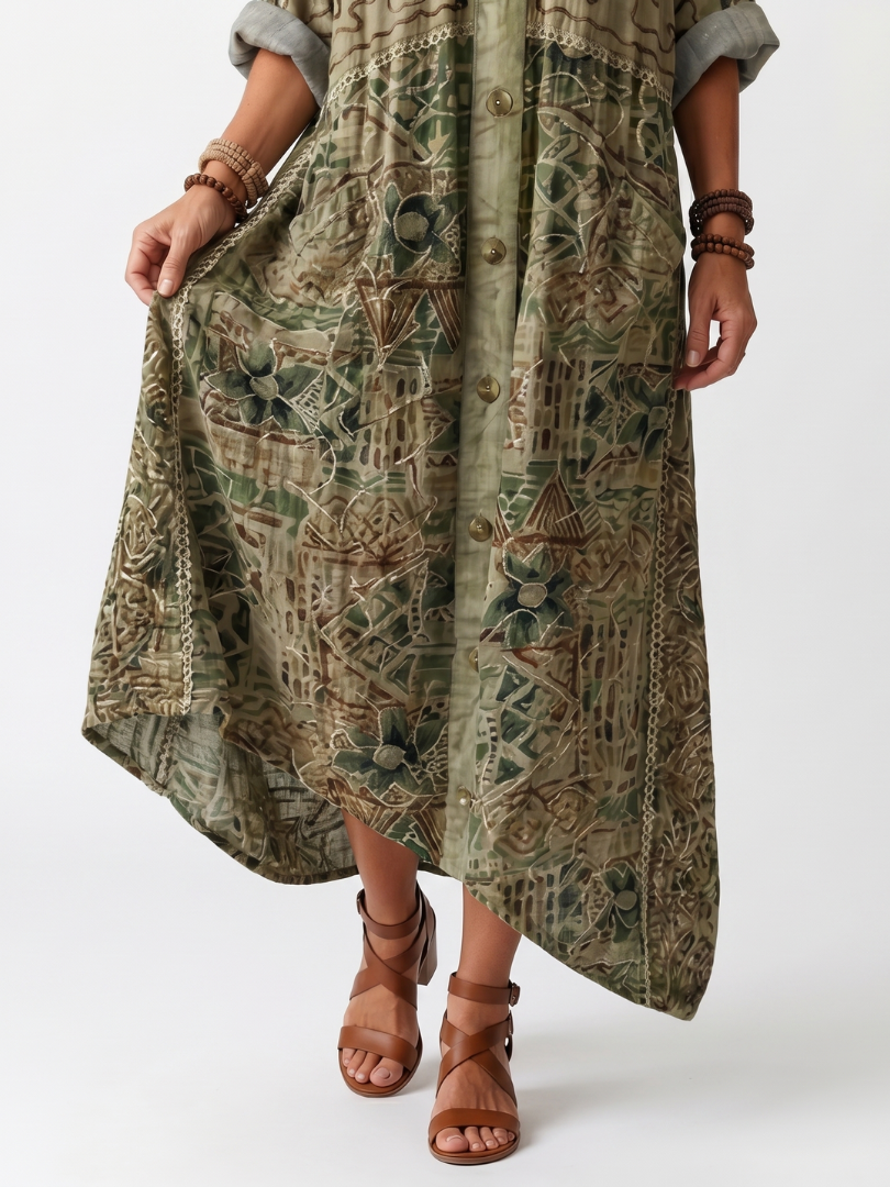 Green embroidered midi dress detail with buttons and oversized gathered pockets