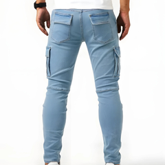 Men's light blue cargo trousers with rear cargo pockets and tapered ankle fit