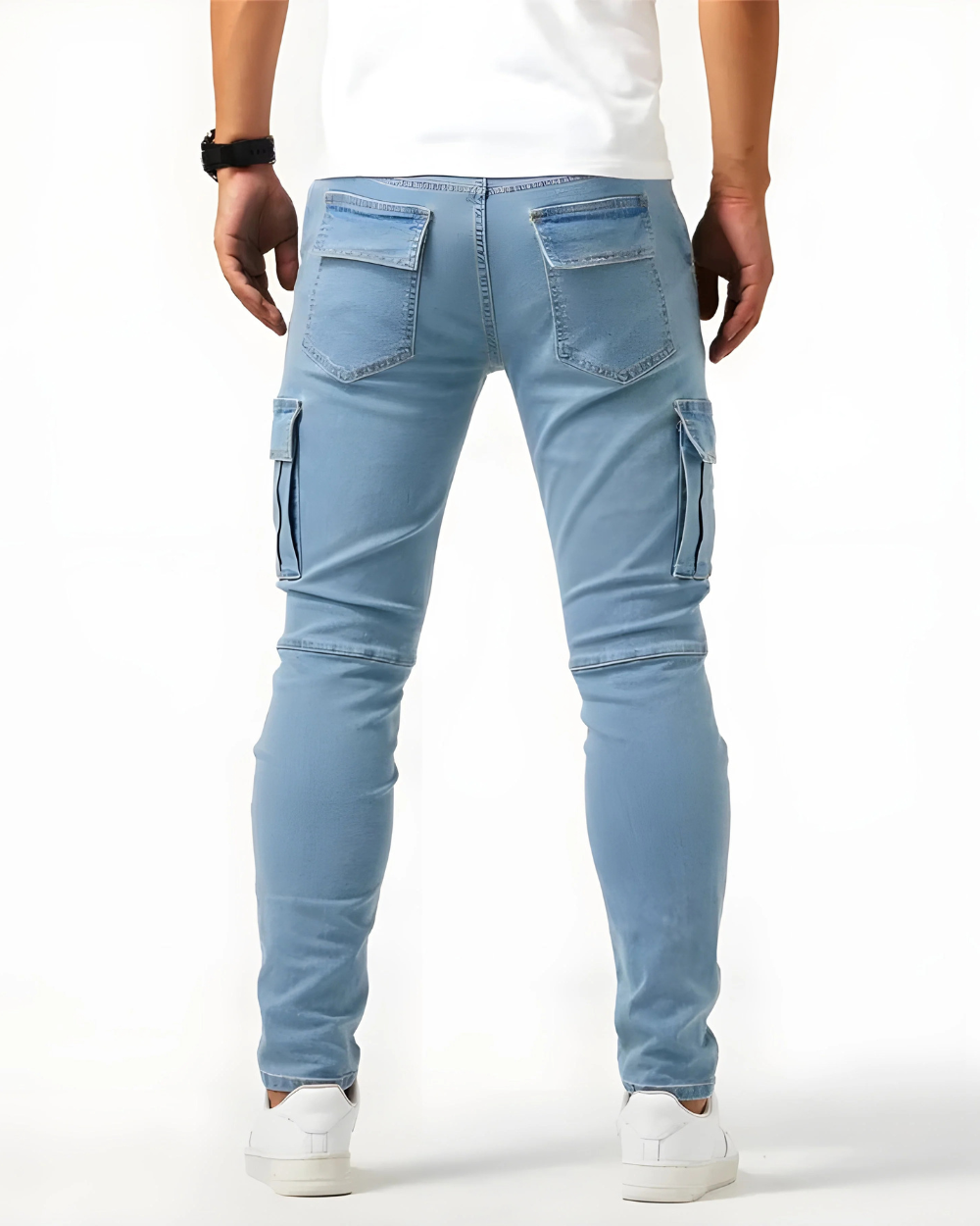 Men's light blue cargo trousers with rear cargo pockets and tapered ankle fit