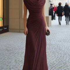 Burgundy draped cowl-neck maxi dress with cap sleeves and gathered ruched design