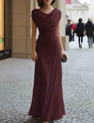 Burgundy draped cowl-neck maxi dress with cap sleeves and gathered ruched design