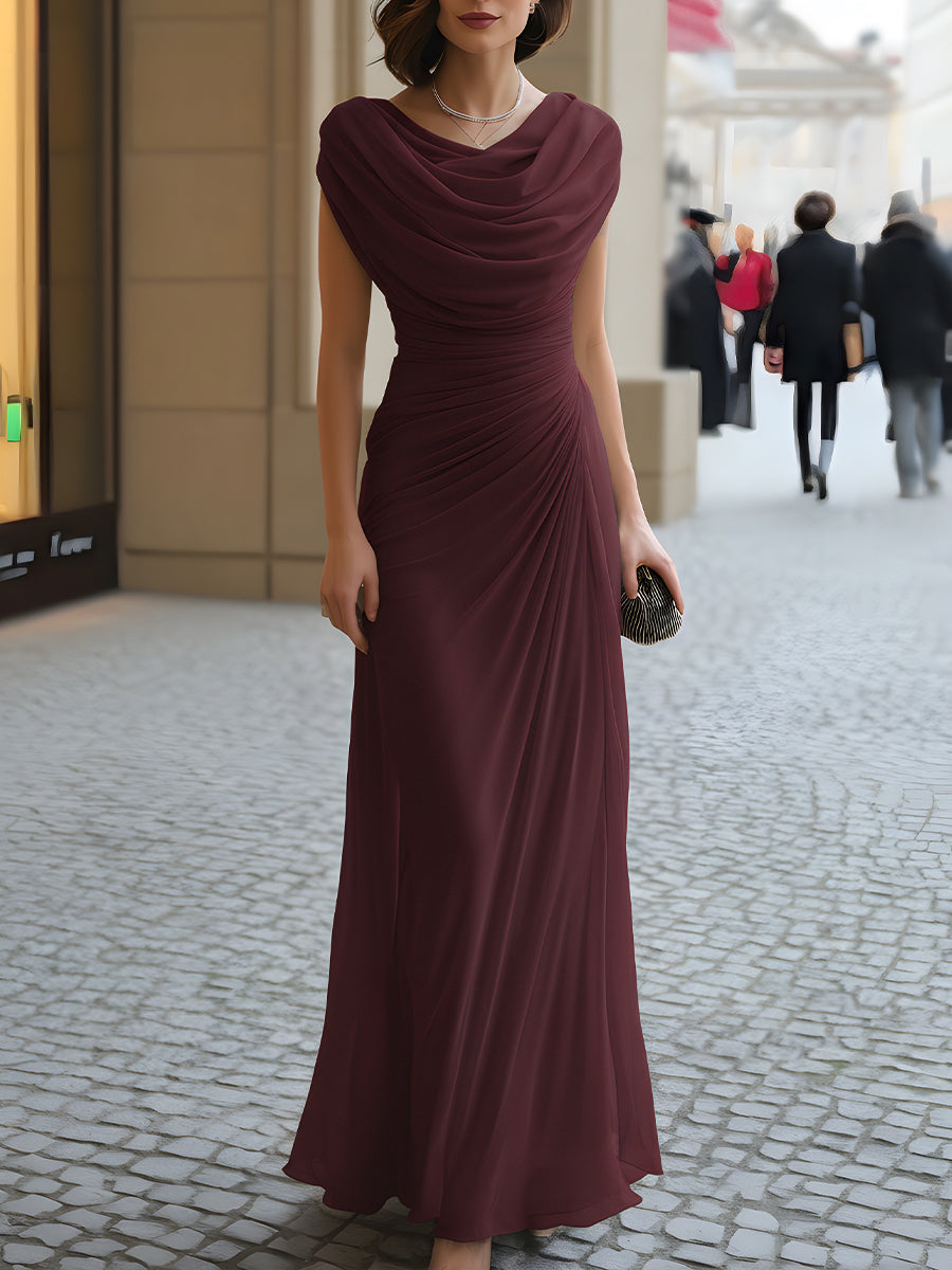 Burgundy draped cowl-neck maxi dress with cap sleeves and gathered ruched design