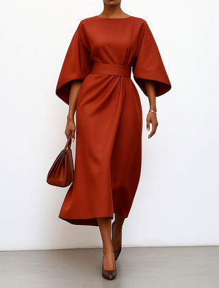 Satin-feel batwing sleeve maxi dress in rust-brown, belted waist, draped skirt