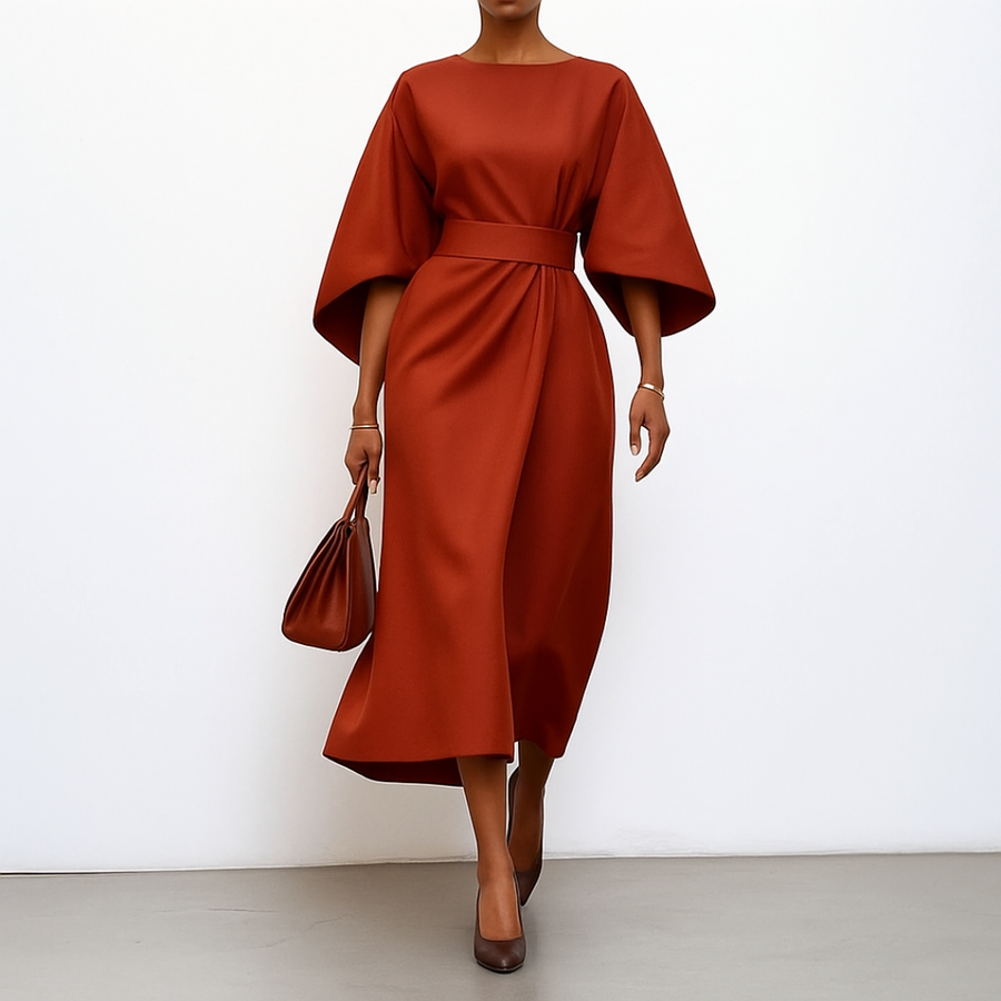 Satin-feel batwing sleeve maxi dress in rust-brown, belted waist, draped skirt