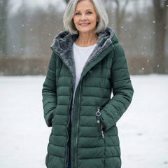 Dark green fleece-lined hooded puffer coat with front zipper and side pockets