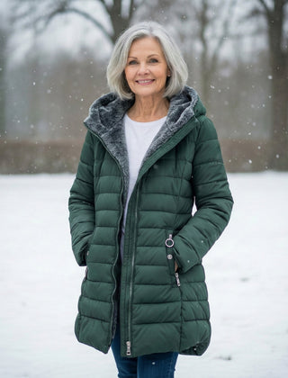 Dark green fleece-lined hooded puffer coat with front zipper and side pockets