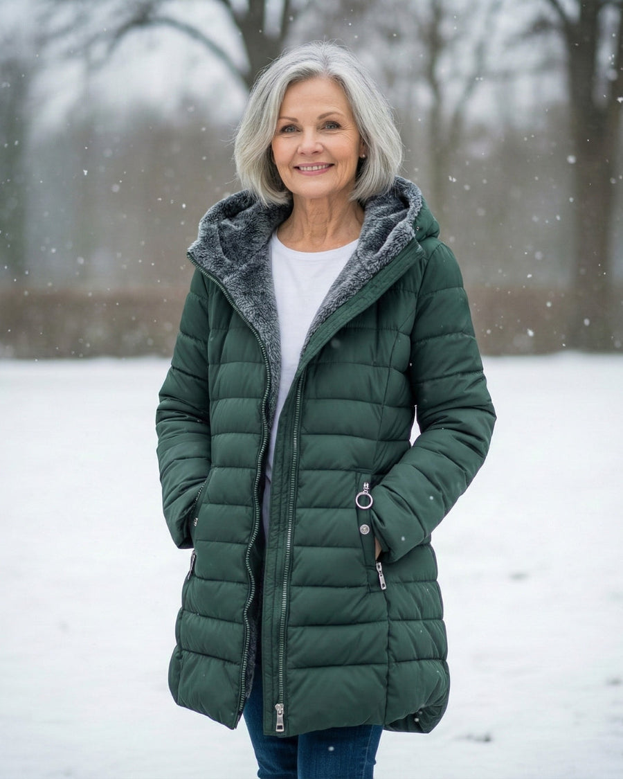 Dark green fleece-lined hooded puffer coat with front zipper and side pockets