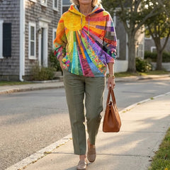 Rainbow patchwork hoodie with hood and kangaroo pocket, long sleeves