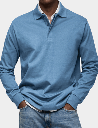 Men's long-sleeve polo shirt in light blue, button placket and ribbed cuffs
