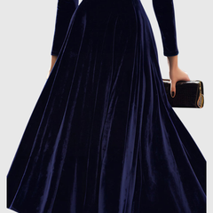 Navy midi dress with long sleeves and pleated, flared skirt