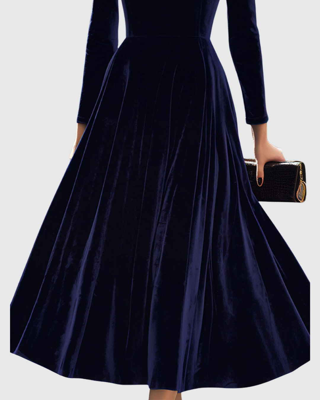 Navy midi dress with long sleeves and pleated, flared skirt