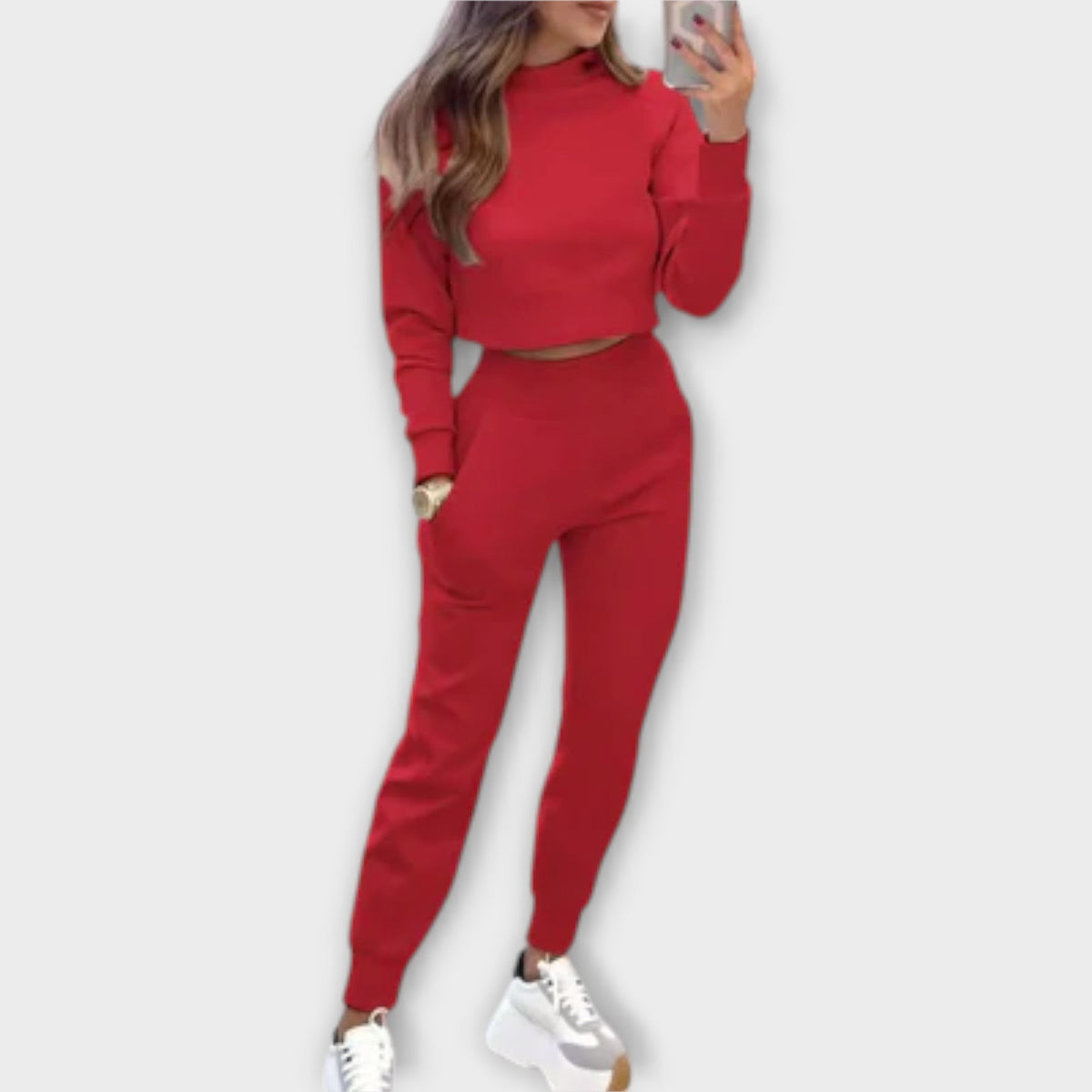 Red casual tracksuit set with cropped sweatshirt and matching jogger pants