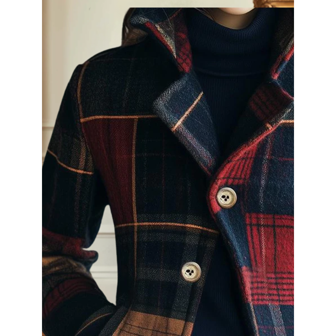 Multicolored plaid jacket close-up with button front and collar.