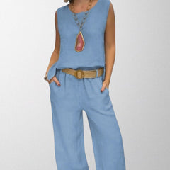 Light blue boho two-piece set: sleeveless top and wide-leg pants with belt