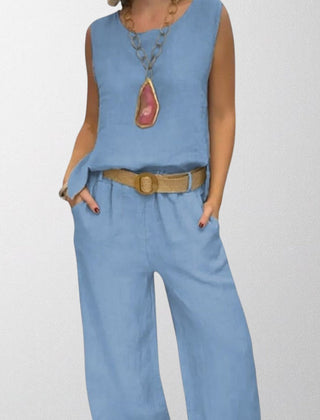 Light blue boho two-piece set: sleeveless top and wide-leg pants with belt