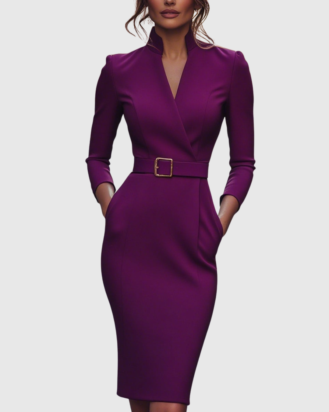 Plum fitted midi dress with V-neck, long sleeves, and waist belt with square gold buckle.