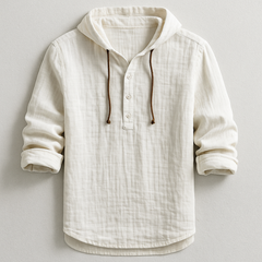 White hoodie shirt with hood drawstrings and button henley placket, cuffed sleeves.