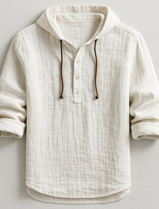 White hoodie shirt with hood drawstrings and button henley placket, cuffed sleeves.