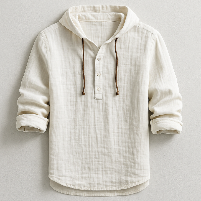 White hoodie shirt with hood drawstrings and button henley placket, cuffed sleeves.
