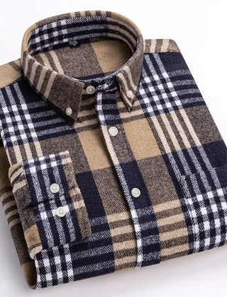 Cotton flannel plaid button-up shirt, navy and beige checks with long sleeves.