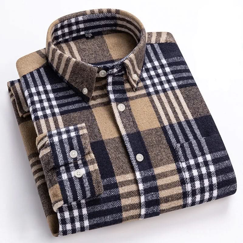 Cotton flannel plaid button-up shirt, navy and beige checks with long sleeves.