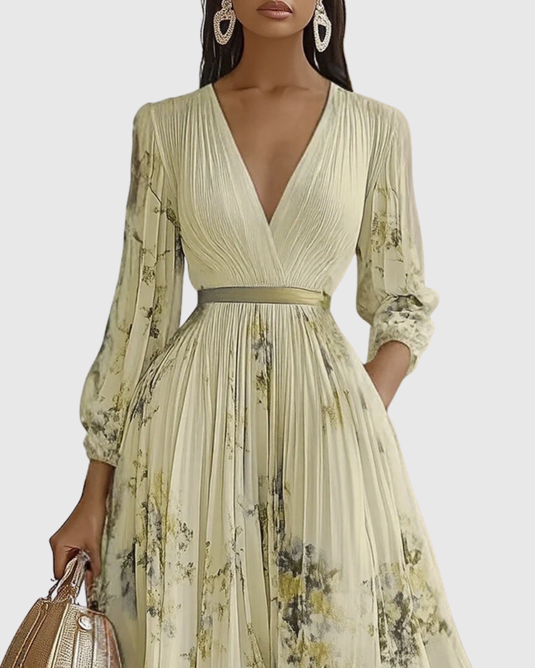 Lime-green pleated maxi dress with V-neck wrap bodice and floral print, long sleeves.