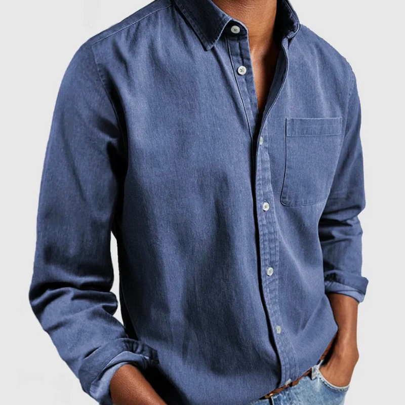 Dark blue denim shirt with button-up front and chest pocket